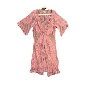 Rebellion Again Crochet Lace Dusty Rose Sheer Boho Festival Duster Kimono Size M